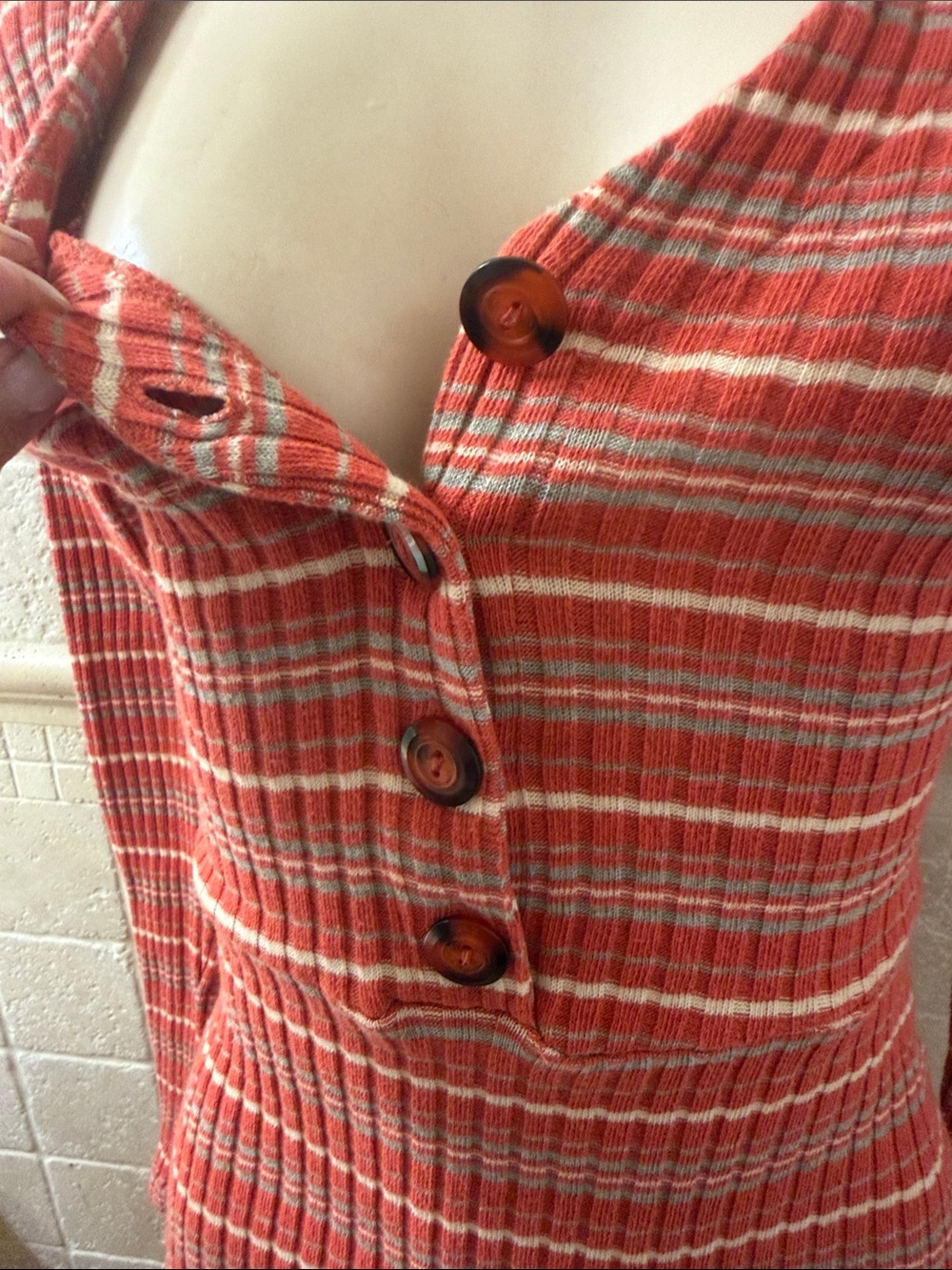 Women’s Ribbed Button-Front Red Striped Dress - Picture 4 of 6